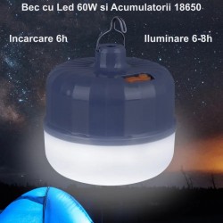 Bec Led 60W cu Acumulator pentru Camping