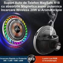Suport Auto Magnetic cu Incarcare Wireless 20W si Aromaterapie / R18 Suport Auto Magnetic cu Incarcare Wireless 20W si Aromaterapie / R18