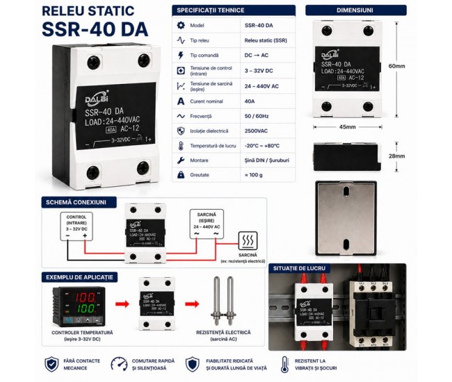 Releu Static SSR-40 DA 40A 24-440V AC Control 3-32V DC DALBI