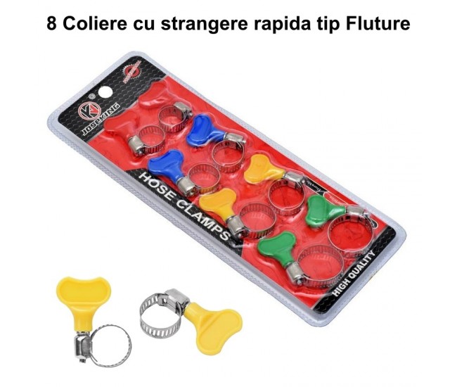 Set 8 Coliere din Inox cu Strangere Rapida tip Fluture pentru Furtun