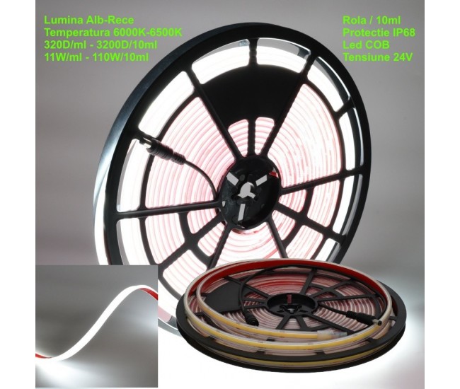 Banda Led 320 Cob - 24V - 11mm Alb-Rece 6500K, IP68 Submersibila - Rola/10ml