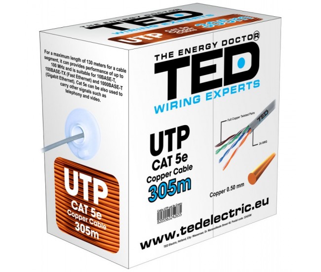 Cablu UTP Cat 5e Cupru Integral 8 Fire Ted, 305m/Rol