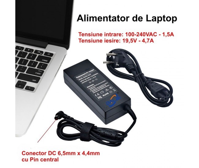Alimentator Laptop Sony 19,5V-4,7A cu mufa DC 6,5mm x 4,4mm Pin central