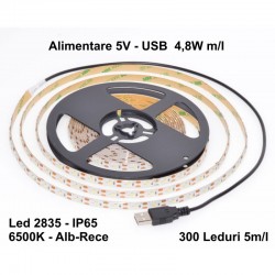 Banda Led 2835 - 5V USB 60led/m Alb-Rece IP65 - 5m/Rola