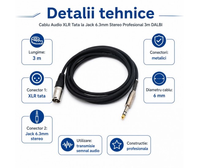 Cablu Audio XLR Tata la Jack 6.3mm Stereo Profesional 3m DALBI