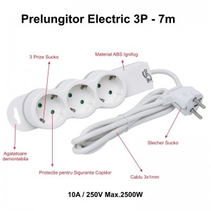 Prelungitor Electric 3 Prize si Protectie Copii, Cablu 3x1mm / 7m