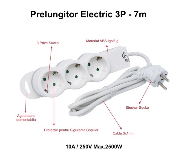 Prelungitor Electric 3 Prize si Protectie Copii, Cablu 3x1mm / 7m