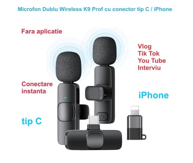 Microfon Dublu Wireless K9 Prof de Lavariera - Tip C / iPhone