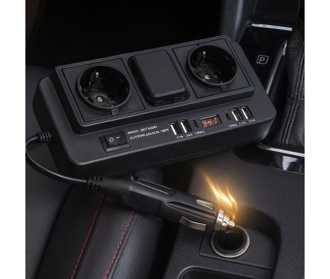 Invertor Auto de Tensiune 150W - 12/24V DC la 2 x 220V AC cu 4 x Usb 3.1 si 2 x Tip C