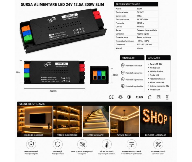 Sursa Alimentare LED 24V 300W 12.5A Slim cu Conectare Rapida Push-In DALBI