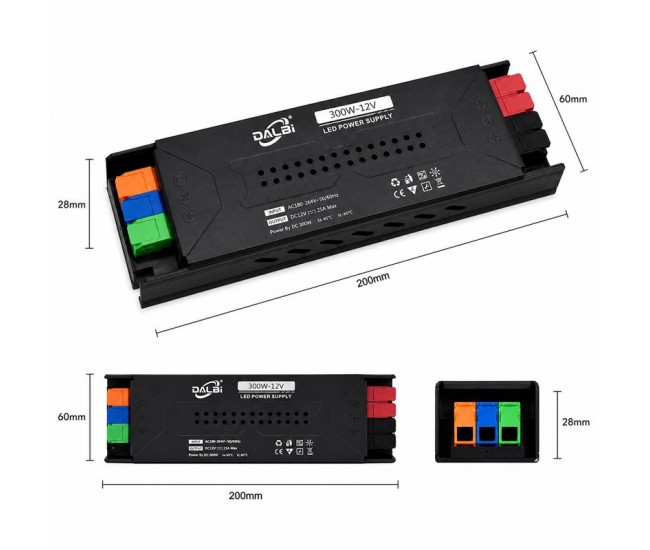 Sursa Alimentare LED 12V 300W 25A Slim cu Conectare Rapida Push-In, Carcasa Aluminiu DALBI