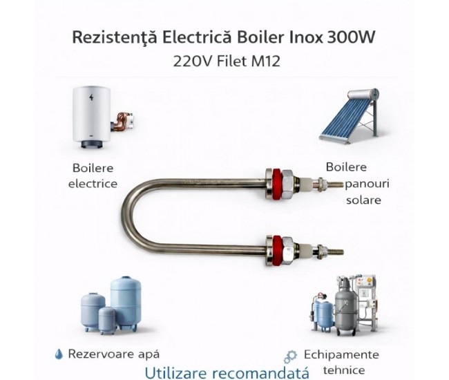 Rezistenta Boiler Inox 300W 220V Filet M12 Element 8mm Tip U