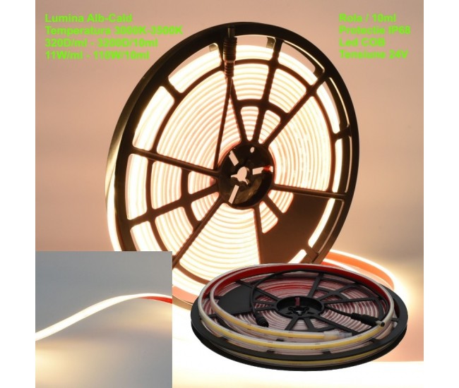 Banda Led 320 Cob - 24V - 11mm Alb-Cald 3500K, IP68 Submersibila - Rola/10ml