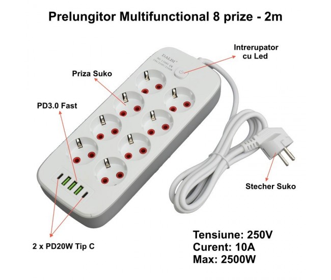 Prelungitor Multifunctional 8 prize - 2m cu 3 x USB 2,1A - 2 x PD si Intrerupator