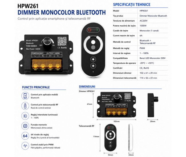 Controler Banda LED Monocolor 220V 1000W Bluetooth cu Telecomanda RF si Reglaj Manual HPW251