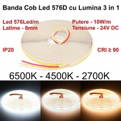 Banda Led Digital Cob 576D/m - Lumina 3 in 1 Alb 2700K-4500K-6500K - 24V/3 Fire - 8mm - 10W/m -  RA 90, Protectie IP20 - Rola/5m Banda Led Digital Cob 576D/m - Lumina 3 in 1 Alb 2700K-4500K-6500K - 24V/3 Fire - 8mm - 10W/m -  RA 90, Protectie IP20 - Rola/5m