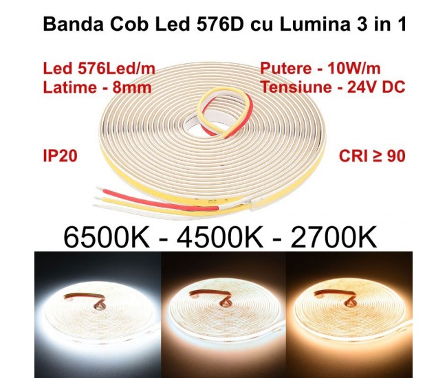 Banda Led Digital Cob 576D/m - Lumina 3 in 1 Alb 2700K-4500K-6500K - 24V/3 Fire - 8mm - 10W/m -  RA 90, Protectie IP20 - Rola/5m