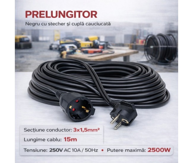 Prelungitor negru 3x1,5mm², lungime 15m, cu stecher si cupla cauciucata, 250V AC 10A, 2500W