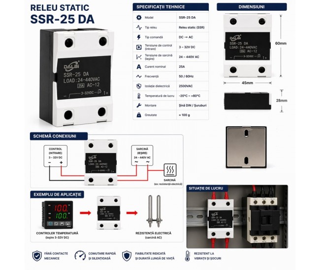 Releu Static SSR-25 DA 25A 24-440V AC Control 3-32V DC DALBI
