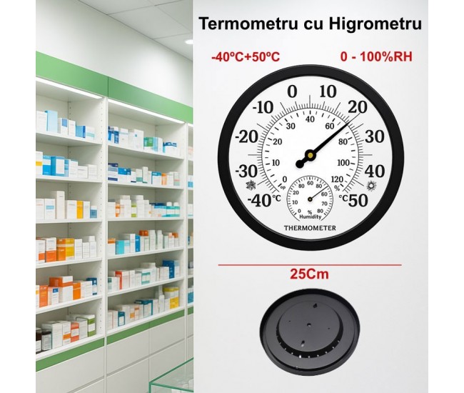 Termometru Rotund -40+50°C cu Higrometru 0-100RH - TH9250P