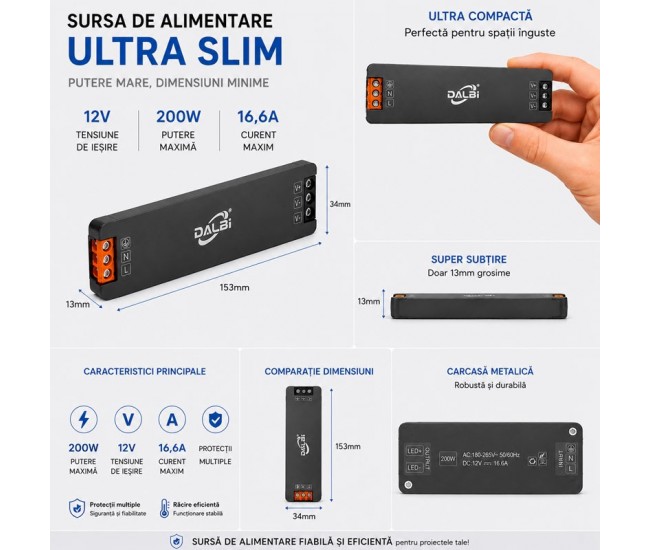 Sursa Alimentare LED 12V 200W 16.6A Ultra Slim 13mm DALBI