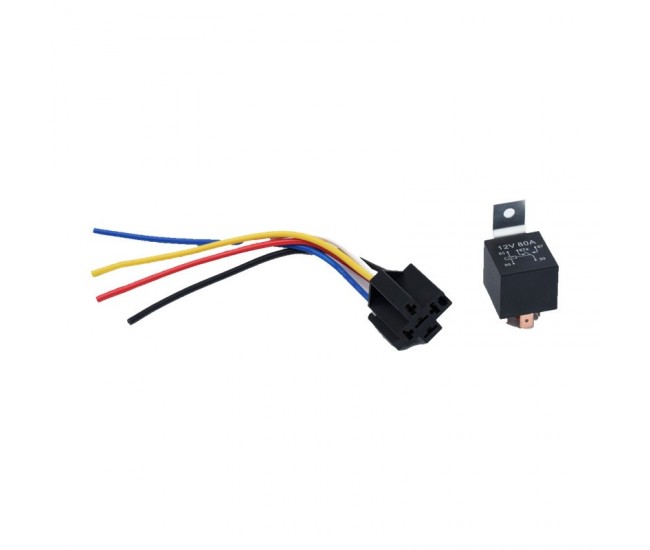 Releu Auto 12V 80A cu 5 Pini, Soclu si Fire de 16 cm