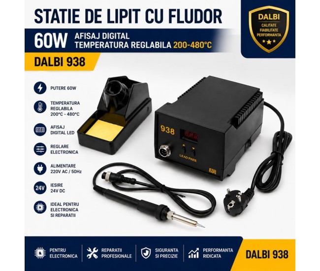 Stație de lipit cu fludor 60W reglaj digital temperatură 200-480°C DALBI 938