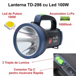 Lanterna TD-298 cu Led 100W si 3 Faze de Lumina / Acumulator LI-Po Lanterna TD-298 cu Led 100W si 3 Faze de Lumina / Acumulator LI-Po