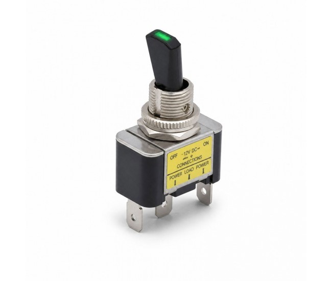 Intrerupator cu Maneta si LED Verde 12V 30A, ON/OFF, 3 Pini