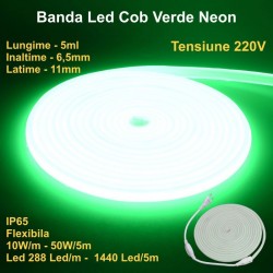 Banda Led Cob Verde Smarald Neon Flex - 288led/m - IP65 / 220V - 10W/ml / Rola 5ml