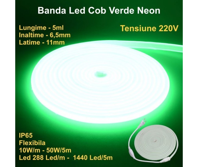 Banda Led Cob Verde Smarald Neon Flex - 288led/m - IP65 / 220V - 10W/ml / Rola 5ml
