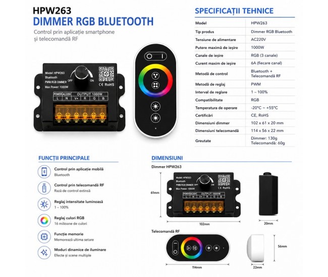 Controler Banda LED RGB 220V 1000W Bluetooth cu Telecomanda RF si Reglaj Manual HPW263