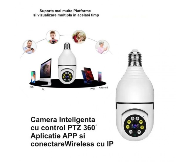 Camera de Supraveghere cu IP, PTZ 360˚si Wi-fi - E27 / V380 Pro