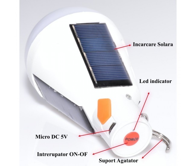 Bec Led 12W cu Incarcare Solara + DC 5V