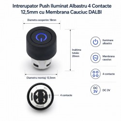 Intrerupator Push Iluminat Albastru 4 Contacte 12,5mm cu Membrana Cauciuc DALBI