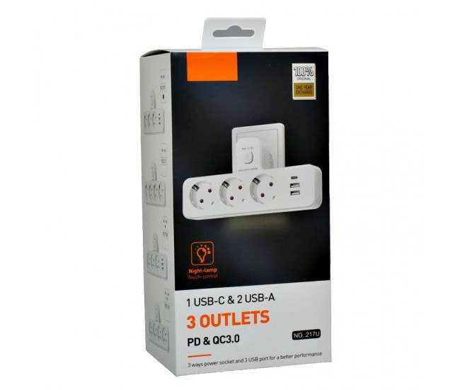Triplu Stecher Multifunctional cu 2 x Usb QC3.0 - 1PD 20W si Lumina de Veghe