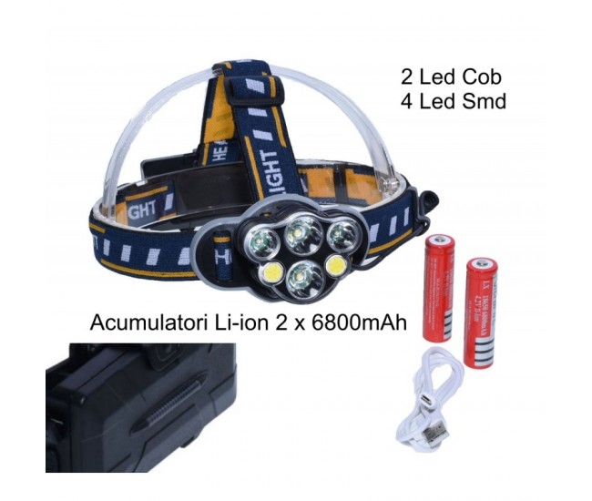 Lanterna de Cap 4+2 Led și 2 Acumulatori 3,7V LI-ION