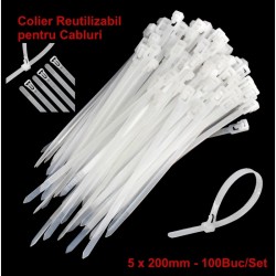 Colier de Plastic Reutilizabil 5x200mm Alb  - 100Buc/Set Colier de Plastic Reutilizabil 5x200mm Alb  - 100Buc/Set