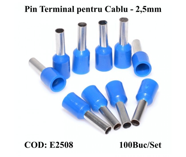 Pin Terminal de Cablu E2508 Albastru, 100Buc/Set