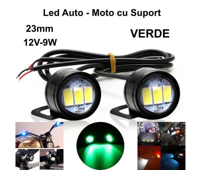 Led Auto 23mm cu Suport / 12V - 9W / VERDE, 2Buc/Set