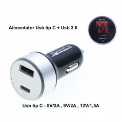 Incarcator Auto Qualcom Usb 3.0 + PD-Usb tip C Incarcator Auto Qualcom Usb 3.0 + PD-Usb tip C