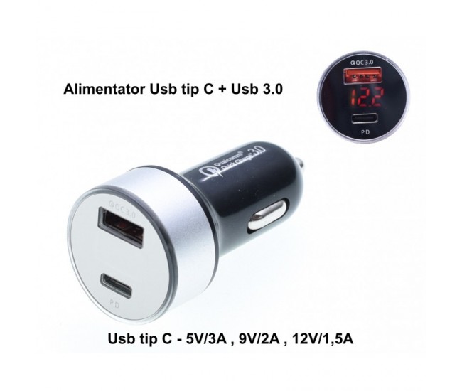 Incarcator Auto Qualcom Usb 3.0 + PD-Usb tip C