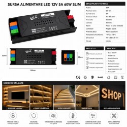 Sursa Alimentare LED 12V 60W 5A Slim cu Conectare Rapida Push-In, Carcasa Aluminiu DALBI