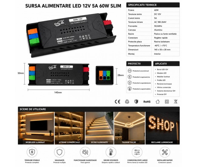 Sursa Alimentare LED 12V 60W 5A Slim cu Conectare Rapida Push-In, Carcasa Aluminiu DALBI