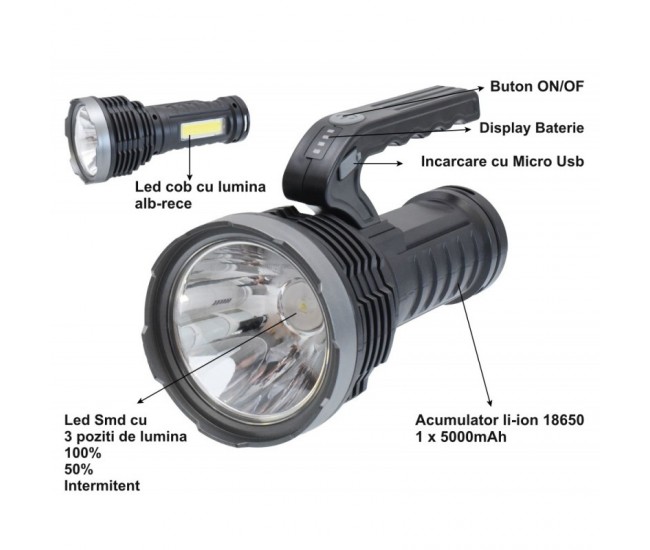 Lanterna Led 4 Faze cu Acumulator si Cob Led SL-02