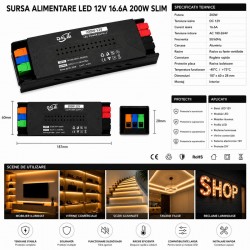 Sursa Alimentare LED 12V 200W 16.6A Slim cu Conectare Rapida Push-In, Carcasa Aluminiu DALBI