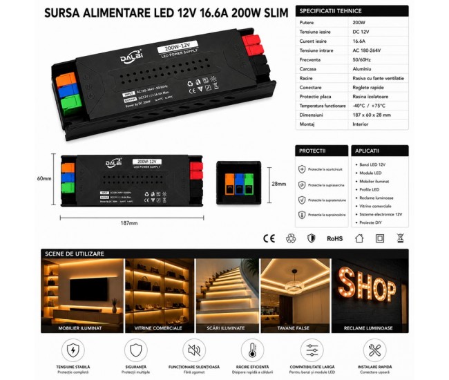 Sursa Alimentare LED 12V 200W 16.6A Slim cu Conectare Rapida Push-In, Carcasa Aluminiu DALBI