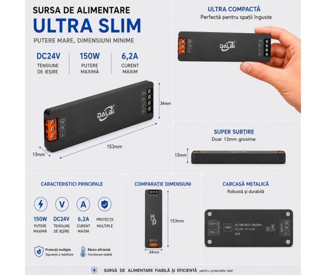 Sursa Alimentare LED 24V 150W 6,2A Ultra Slim 13mm DALBI