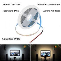 Banda Led 2835 - 5V Exterior 60led/m Alb-Rece IP65 - 5m/Rola Banda Led 2835 - 5V Exterior 60led/m Alb-Rece IP65 - 5m/Rola