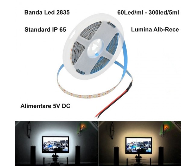 Banda Led 2835 - 5V Exterior 60led/m Alb-Rece IP65 - 5m/Rola